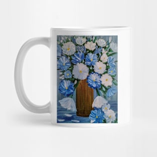 Some beautiful blue and white carnation flowers in a gold vintage vase painting Mug